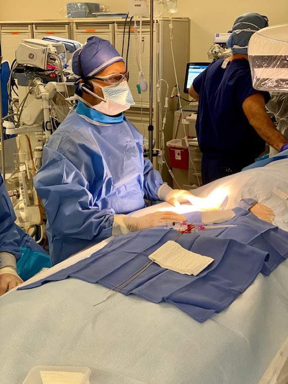 Dr. Choudhuri performing a procedure in the cardiac electrophysiology lab at Froedtert Pleasant Prairie Hospital.